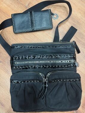 Brighton Black Crossbody Messenger Bag & Matching Wallet Leather Trim Set
